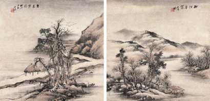吴石僊 1898年作 山水双挖 立轴